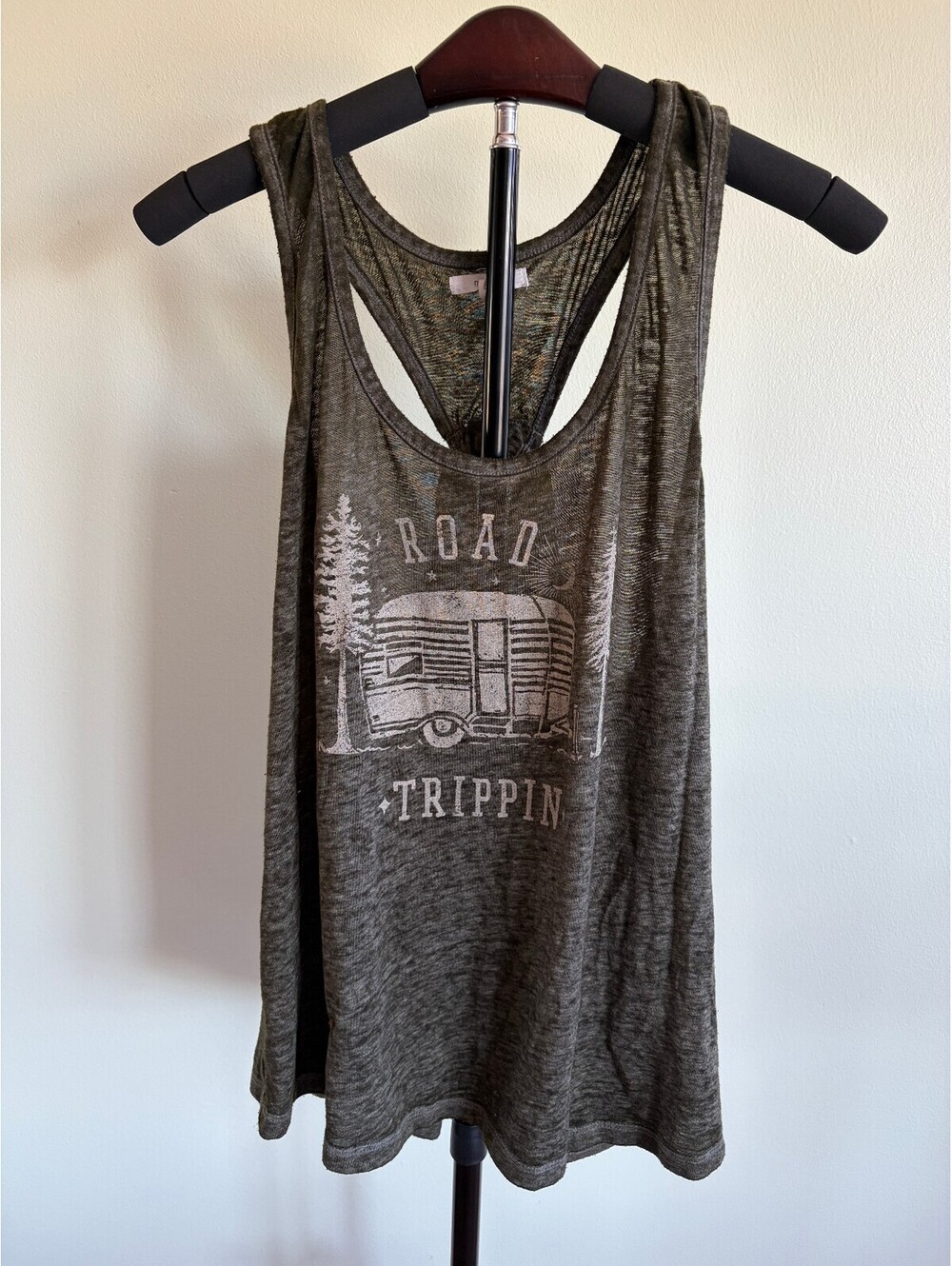 Maurices Women’s M Olive Road Trippin Camper Graphic Knotted Back Tank Top